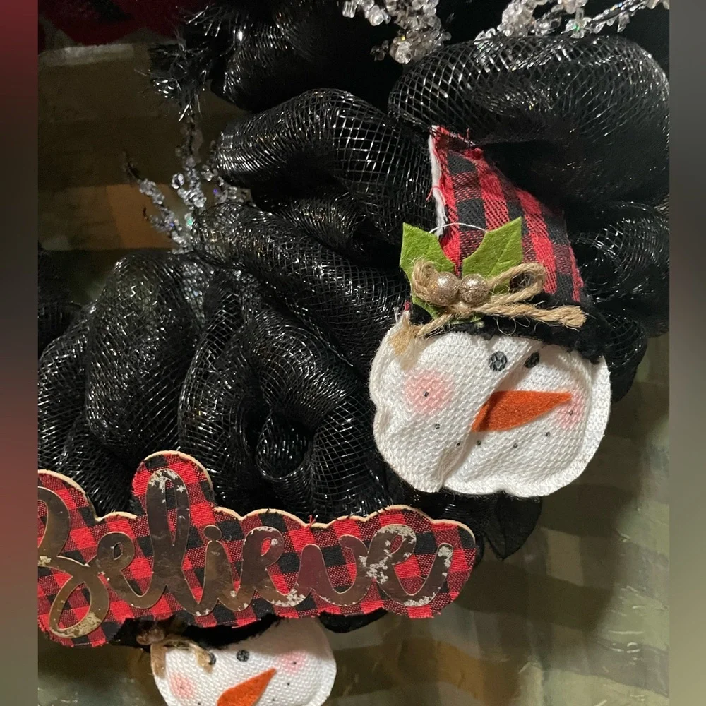 New Christmas Snowman Buffalo Paid red black handmade wreath by me! 14-inch base
